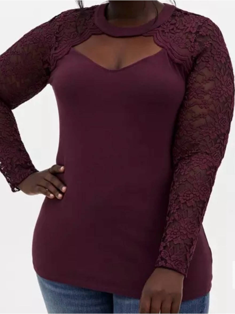 Torrid Foxy Choker Neck Lace Sleeve Women's Top - Burgundy Sz 1/14-16 - Picture 7 of 7